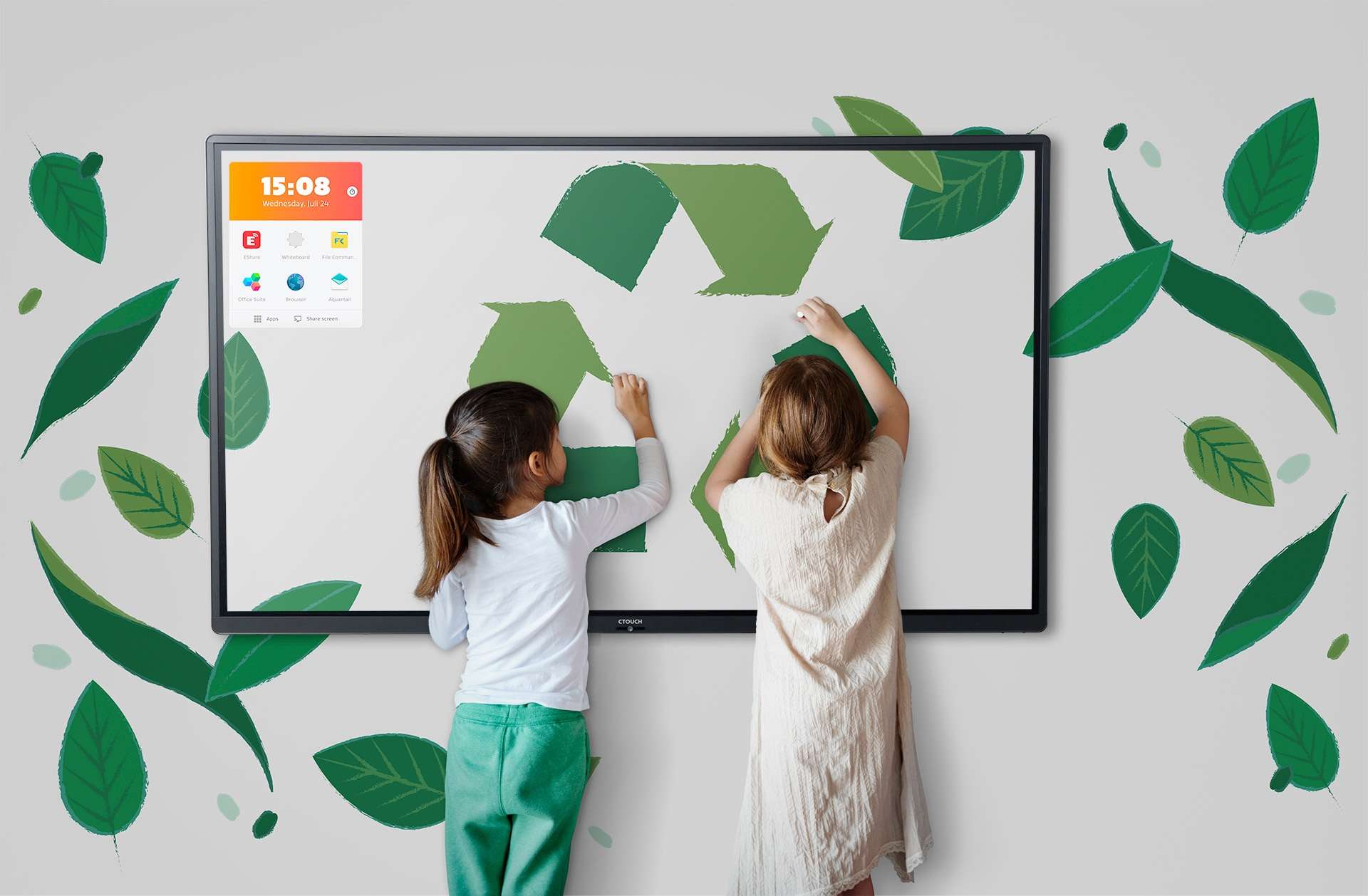 Kids draw a recycle nature world icon on a CTOUCH Riva2 1